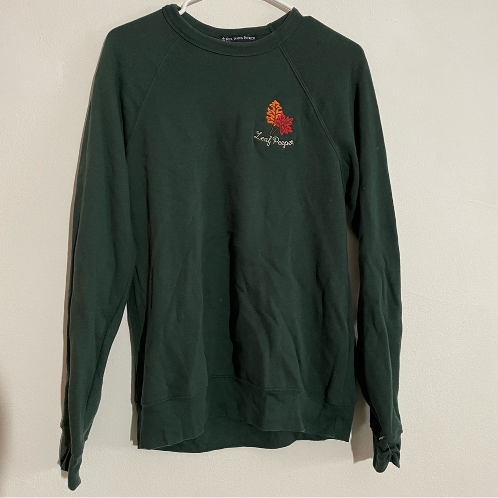Kiel James Patrick leaf peeper embroidered forest green sweatshirt for fall